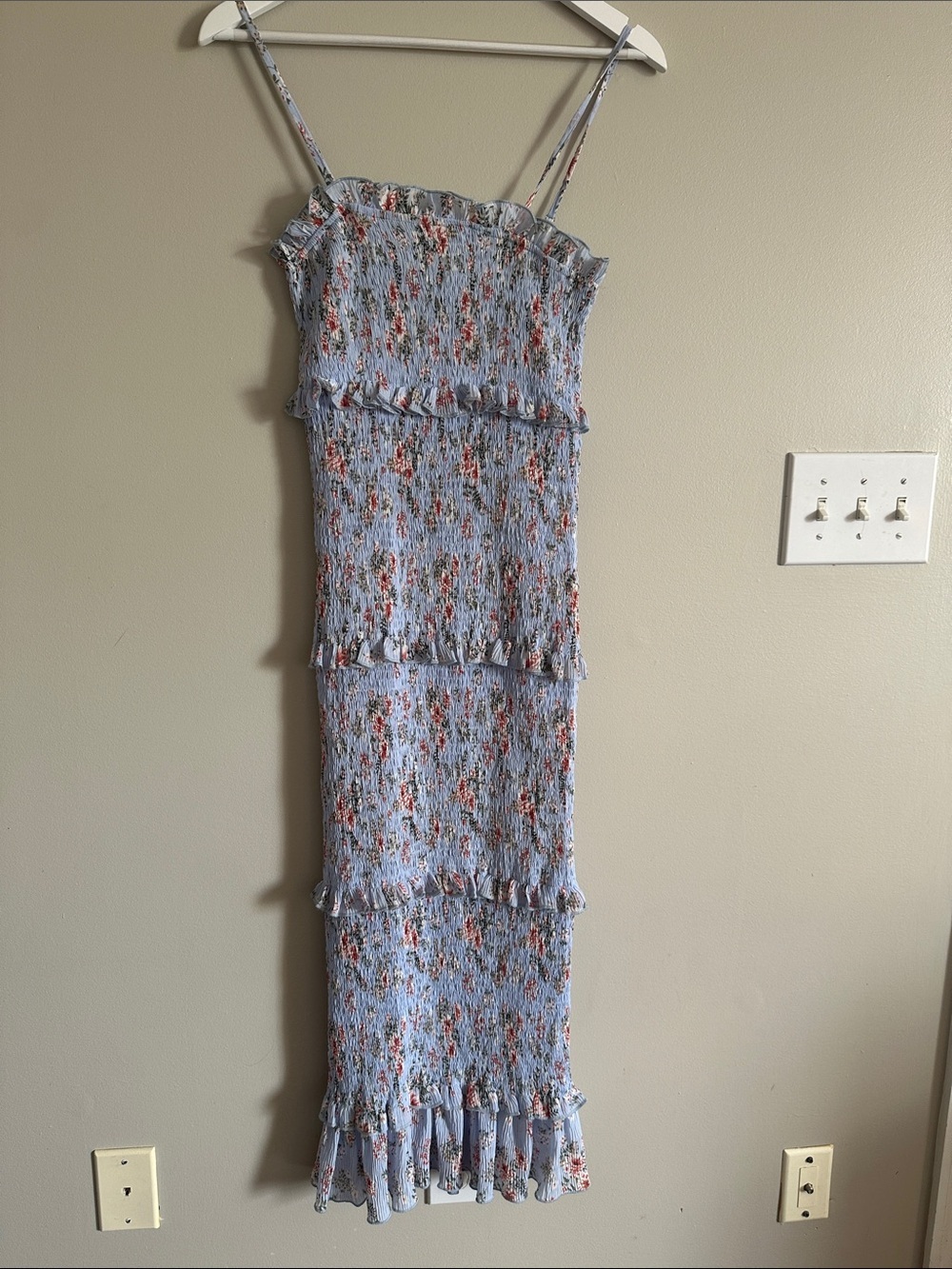 Light Blue Floral Smocked Midi Dress with Ruffle Tiers